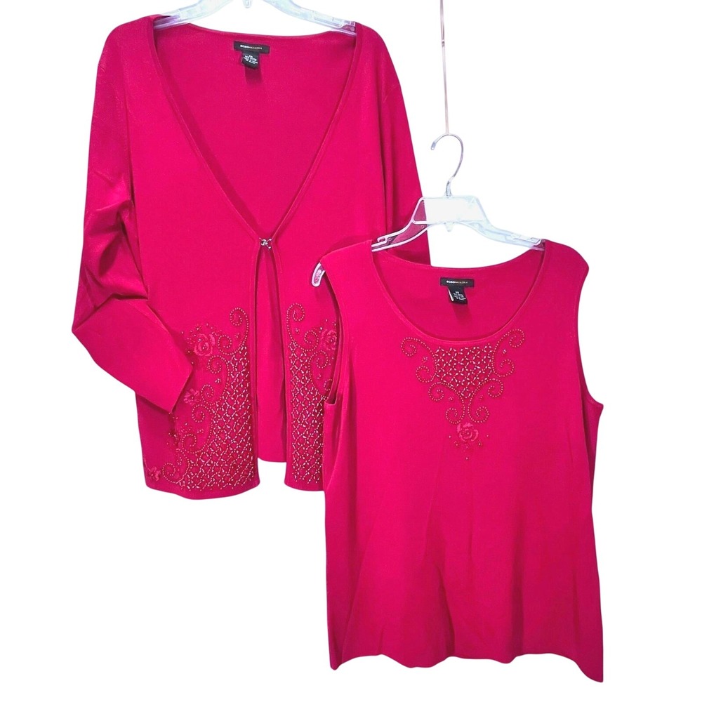 VTG Y2K Beaded 2 pc Red on Red Cardigan Sweater with Tank  BCBGMAXAZRIA Closeout